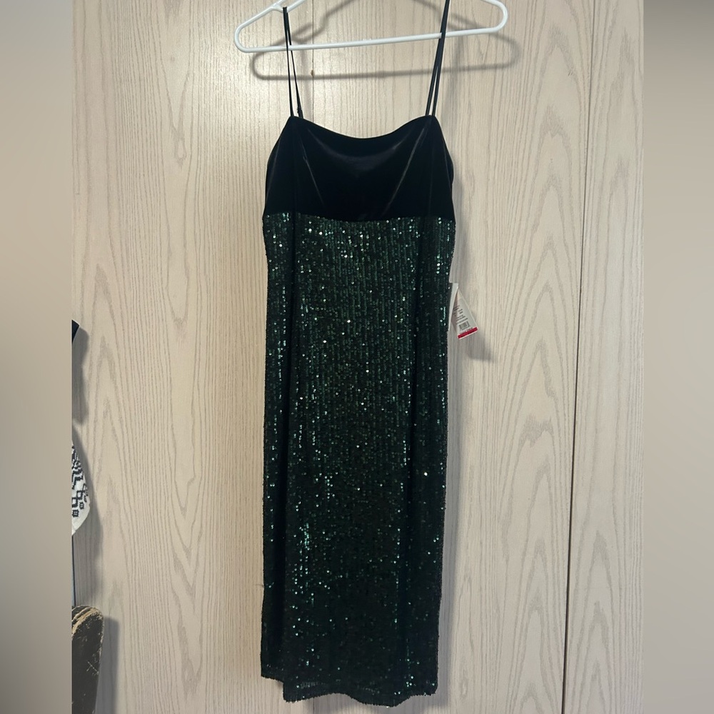 David's Bridal Black Velvet & Emerald Sequin Slip Dress